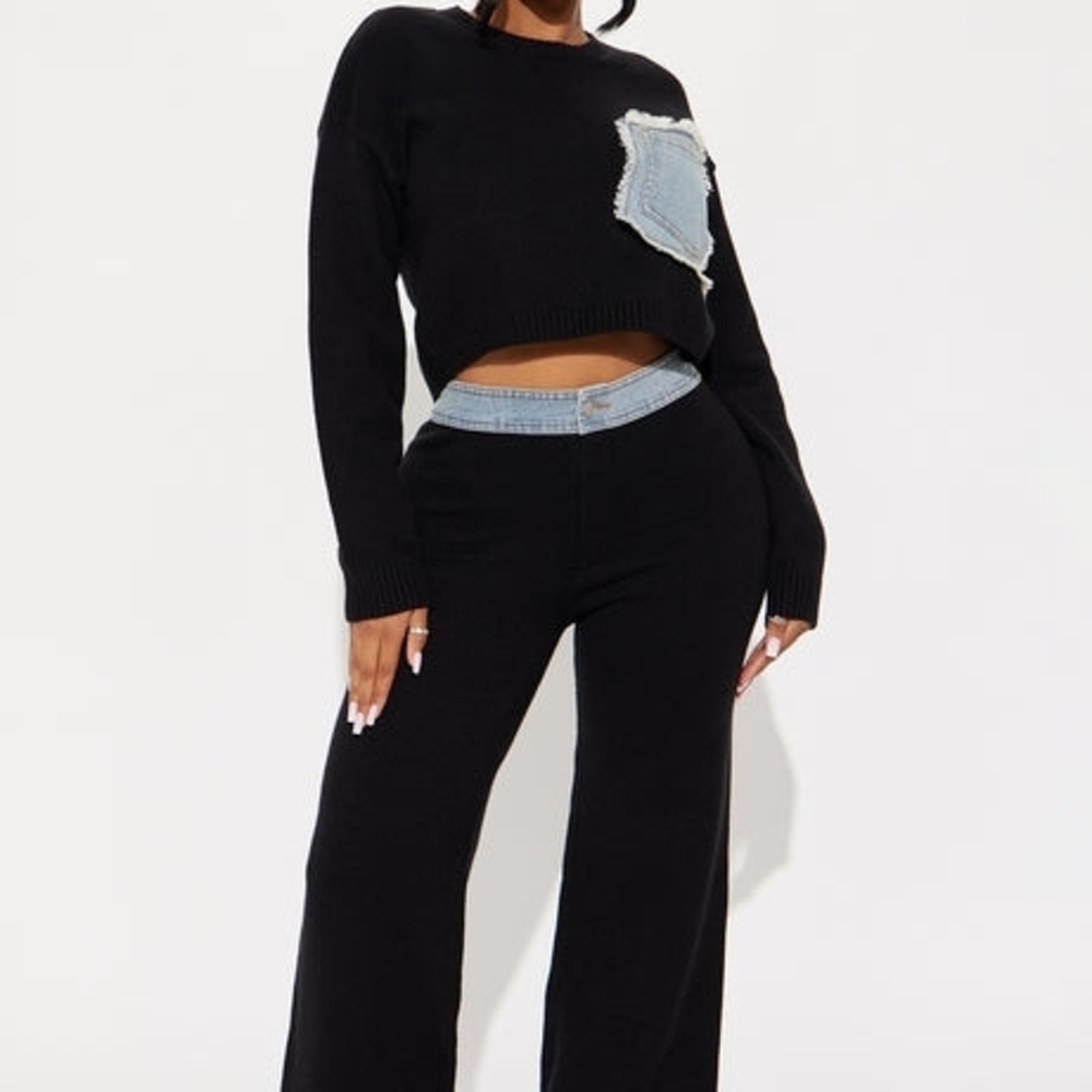 Black Knit Two-Piece Pantsuit with Light Denim Trim